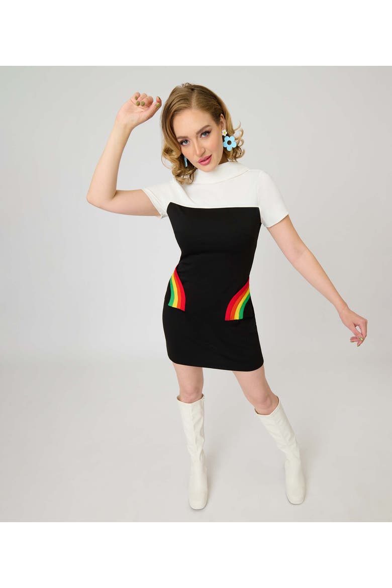 Mock Neck Patch Pocket Shift Dress, Alternate, color, Black w/Rainbow Pocket