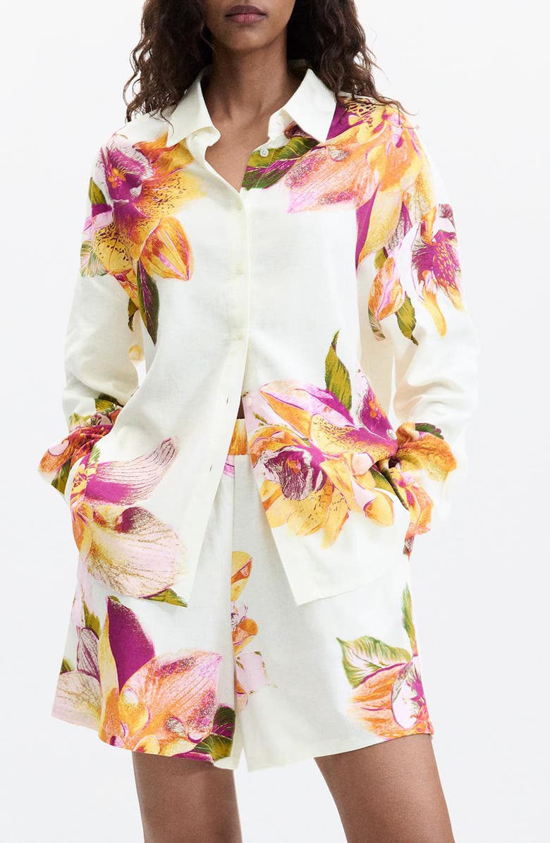 Desigual Floral Print Button-Up Shirt, Main, color, White
