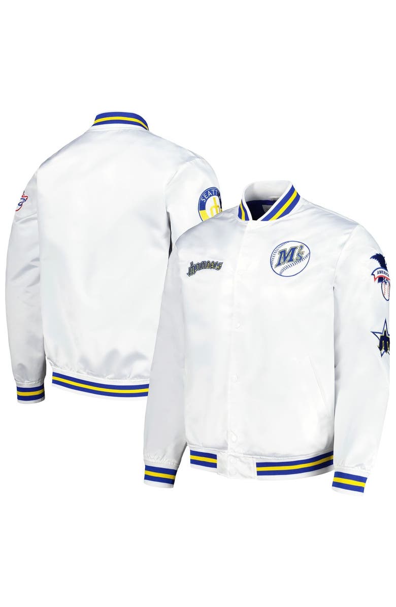 Mitchell & Ness Men's Mitchell & Ness White Seattle Mariners City Collection Satin Full-Snap Varsity Jacket, Alternate, color,