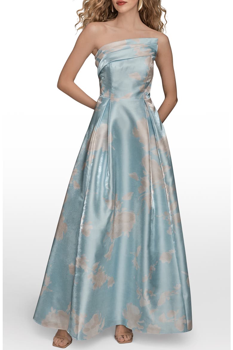 Floral Print Strapless Satin Gown, Main, color, SEA MIST MULTI