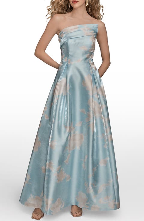Floral Print Strapless Satin Gown
