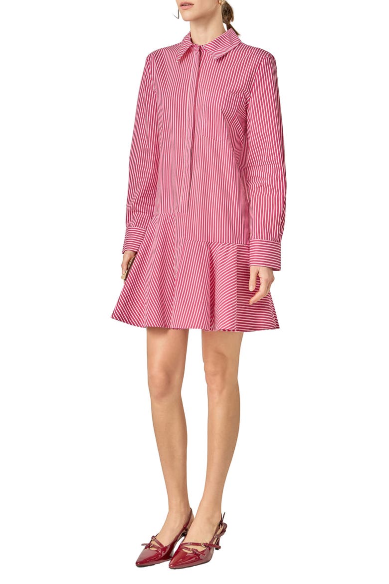 Stripe Ruffle Hem Long Sleeve Shirtdress, Alternate, color, BURGUNDY