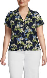 Lands' End Linen Blend Short Sleeve Button Front Polo Top