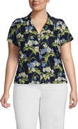 Lands' End Linen Blend Short Sleeve Button Front Polo Top