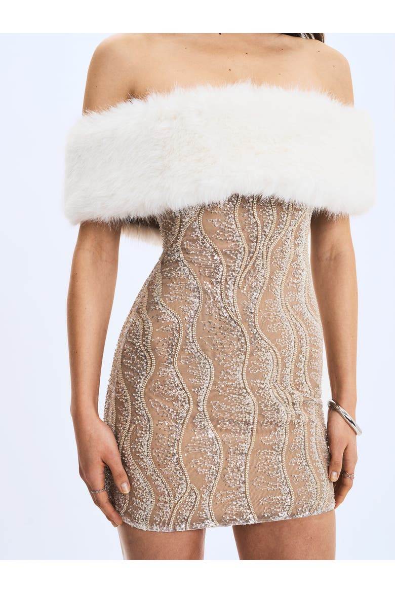 Averie Faux Fur Off Shoulder Sequin Mini Dress, Alternate, color, White/Beige