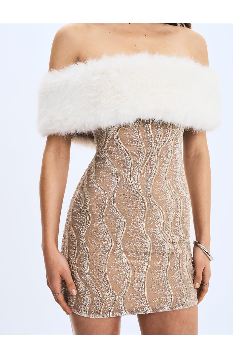 Miss Circle Averie Faux Fur Off Shoulder Sequin Mini Dress, Alternate, color, White/Beige