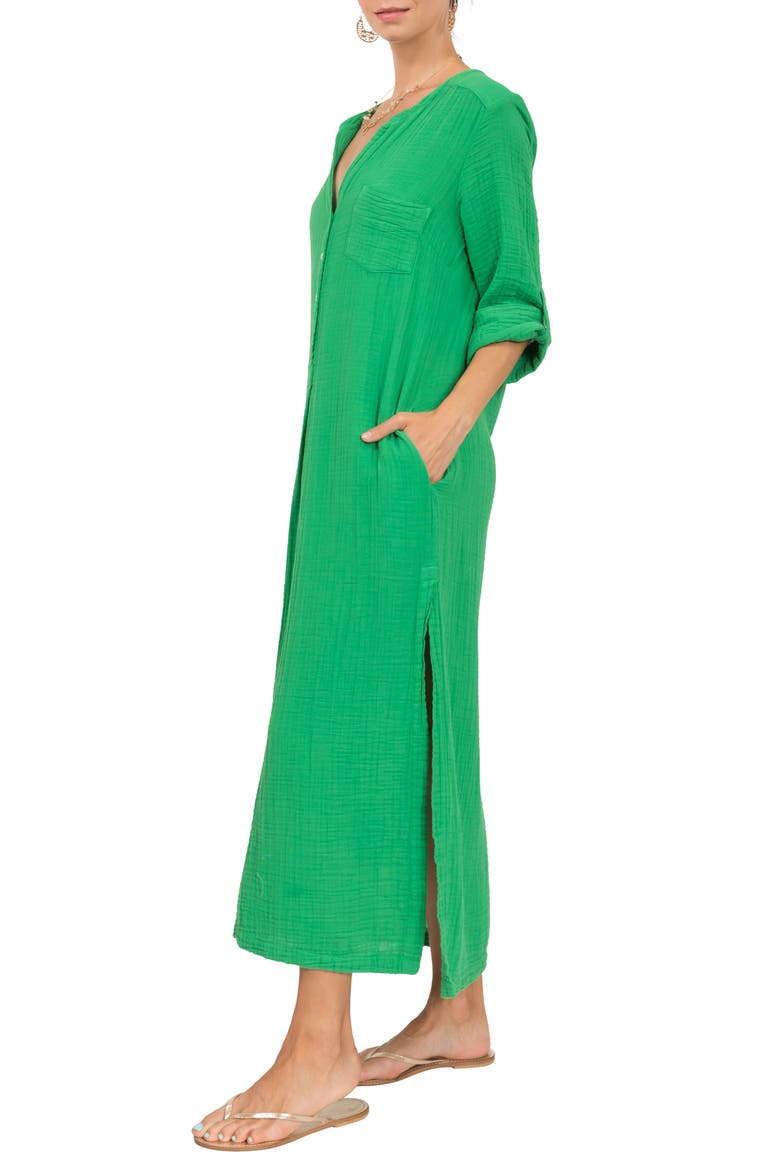Button Front Cotton Gauze Caftan, Alternate, color, PARAKEET