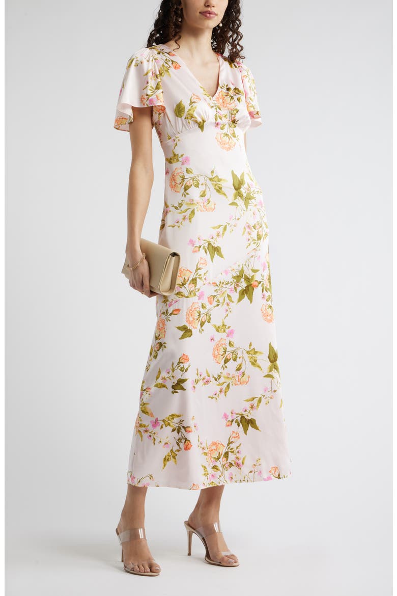 Flutter Sleeve Satin Maxi Dress, Alternate, color, MULTI ROCOCO FLORAL