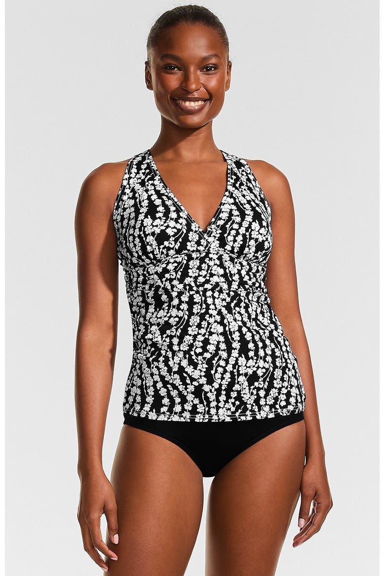 D-Cup V-Neck Plunge X Back Tankini Top, Main, color, Black/White Vine Floral