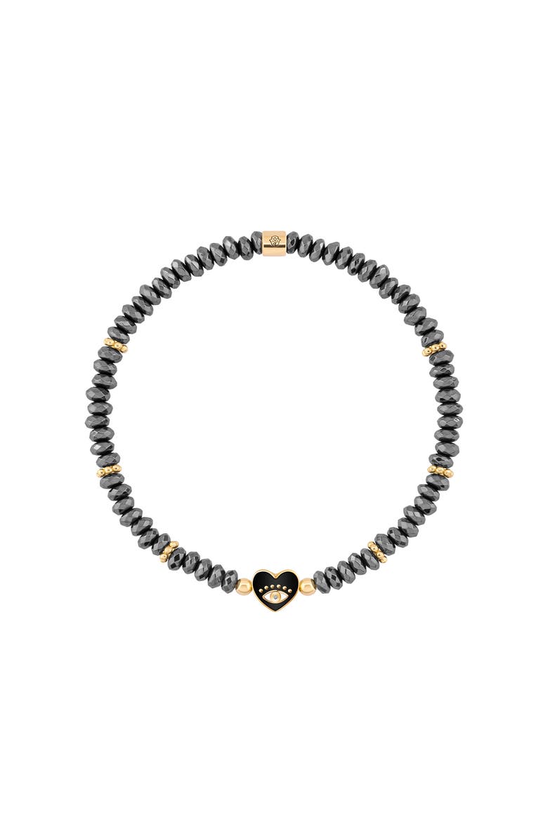 Evil Eye Heart Black Enamel Hematite Women's Beaded Bracelet Heartfelt Gaze, Main, color, Grey/Black/Gold