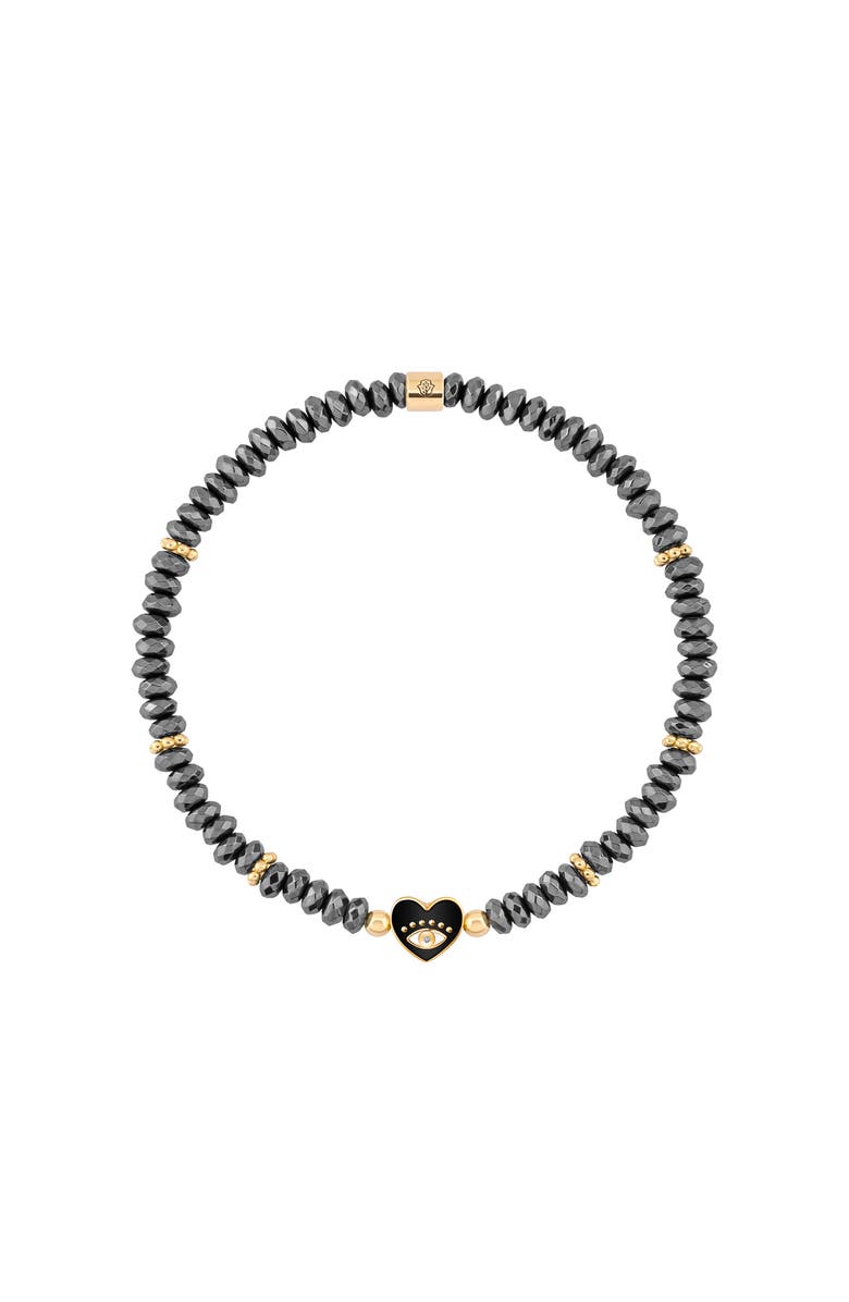 Karma and Luck Evil Eye Heart Black Enamel Hematite Beaded Bracelet Heartfelt Gaze, Main, color, Grey/Black/Gold