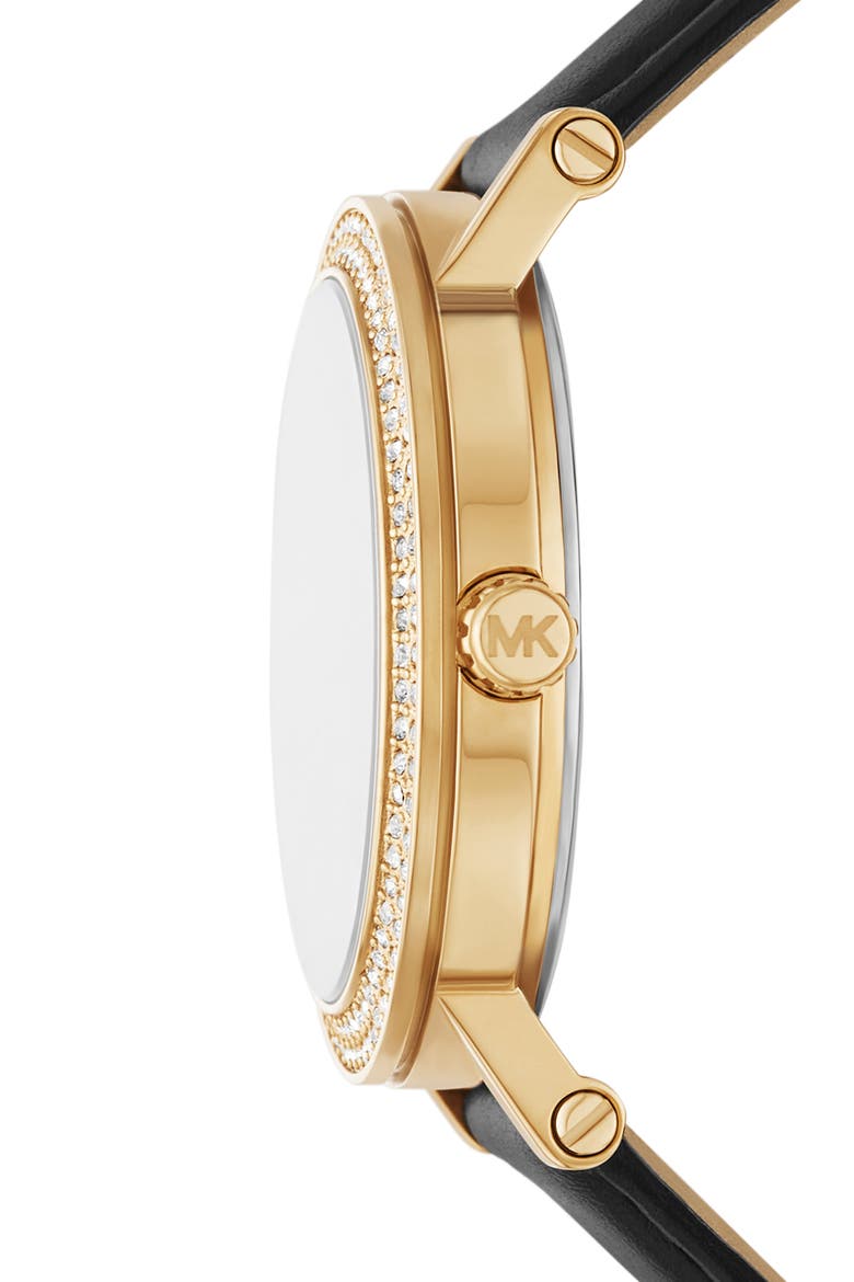 Corey Crystal Pavé Three-Hand Quartz Leather Strap Watch, 38mm, Alternate, color, GOLD