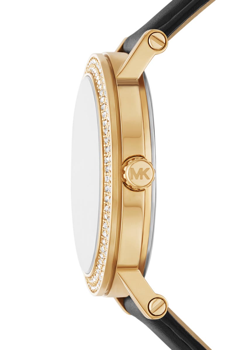 Michael Kors Corey Crystal Pavé Three-Hand Quartz Leather Strap Watch, 38mm, Alternate, color, Gold