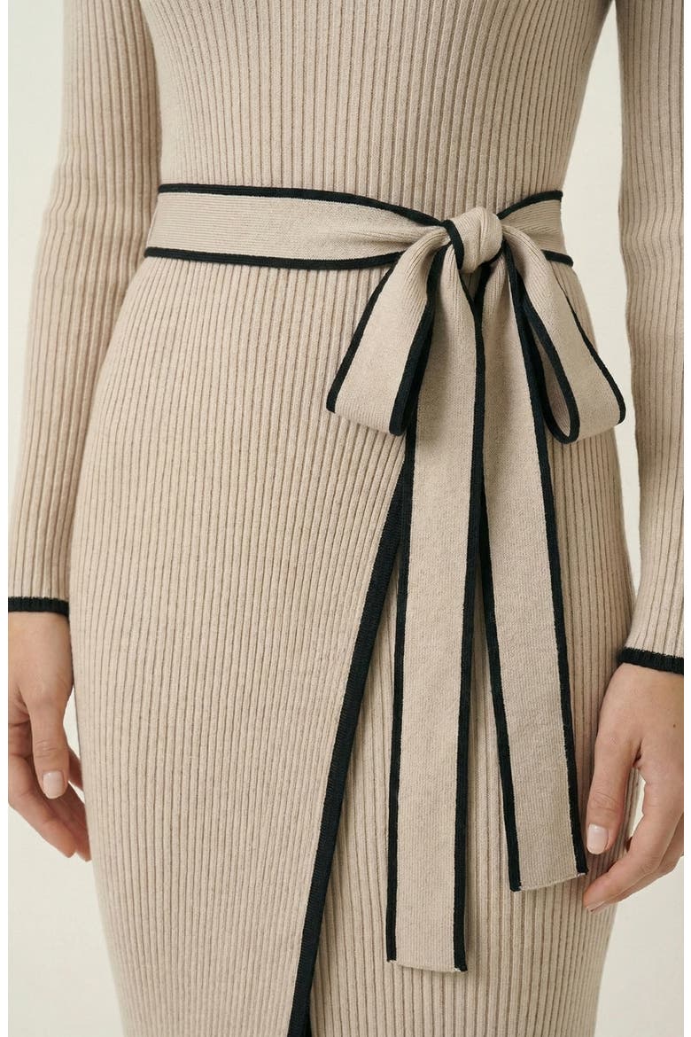 Ribbed Knit Contrast Trim Tie Waist Midi Dress, Alternate, color, Beige