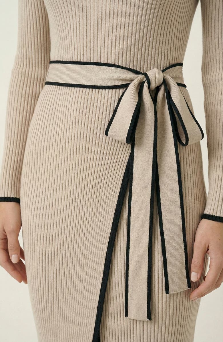Modenaire Ribbed Knit Contrast Trim Tie Waist Midi Dress, Alternate, color, Beige