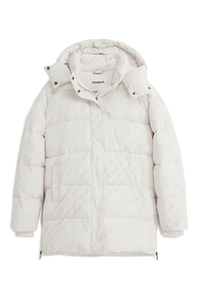 Flocked Print Quilted Puffer Jacket with Removable Hood, Alternate, color, LIGHT BEIGE