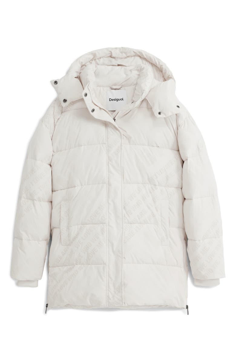 Desigual Flocked Print Quilted Puffer Jacket with Removable Hood, Alternate, color, Light Beige