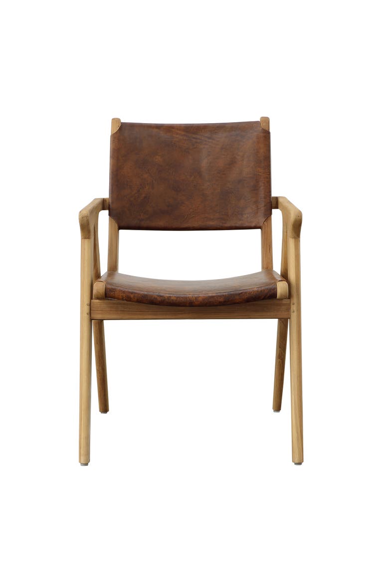 Odin Teak Wood & Genuine Leather Dining Chair, Alternate, color, Natural