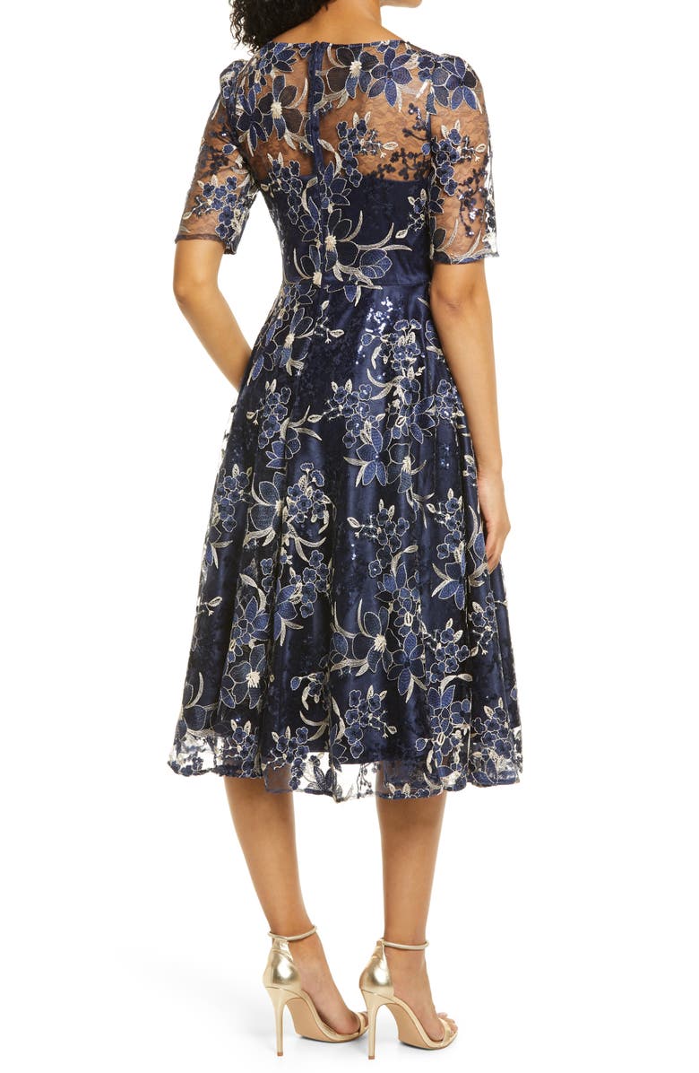 Eliza J Sequin Floral Embroidery Fit & Flare Cocktail Midi Dress, Alternate, color, Navy