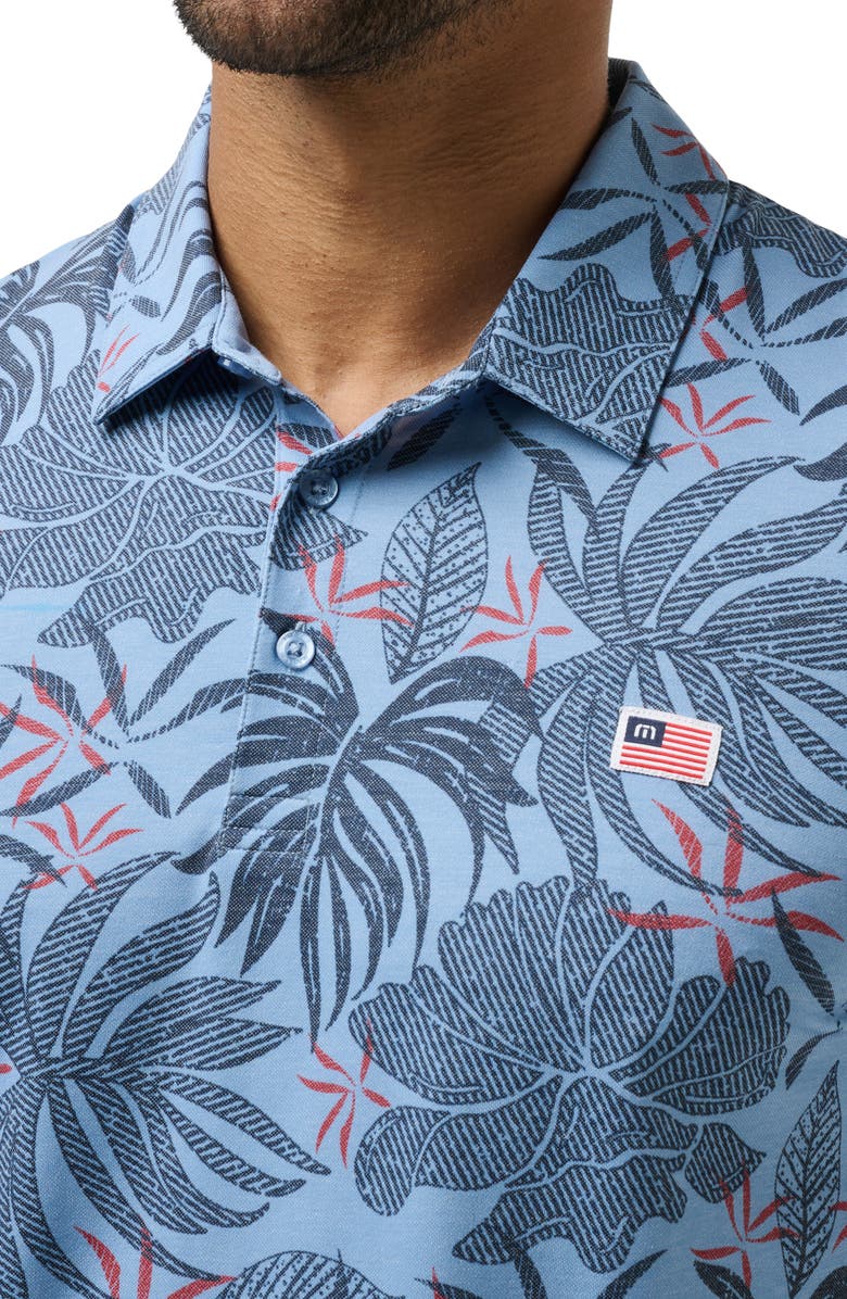 TravisMathew Red Letter Day Leaf Print Polo, Alternate, color, Quiet Harbor