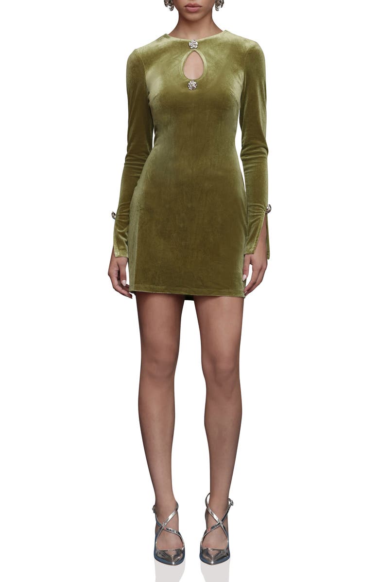 Avec Les Filles Rhinestone Long Sleeve Velvet Minidress, Main, color, Chartreuse