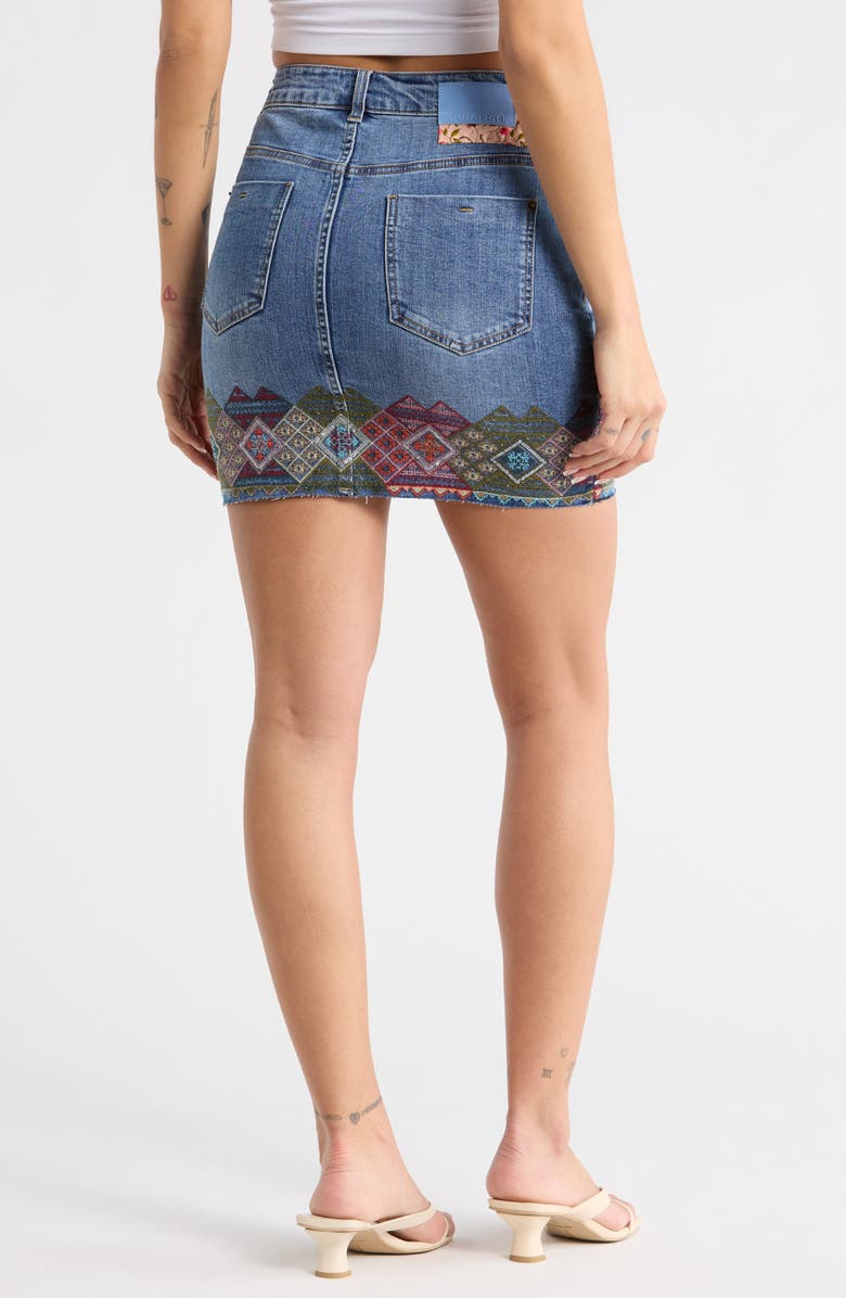 Desigual Square Border Embroidered Denim Miniskirt, Alternate, color, Medium Blue