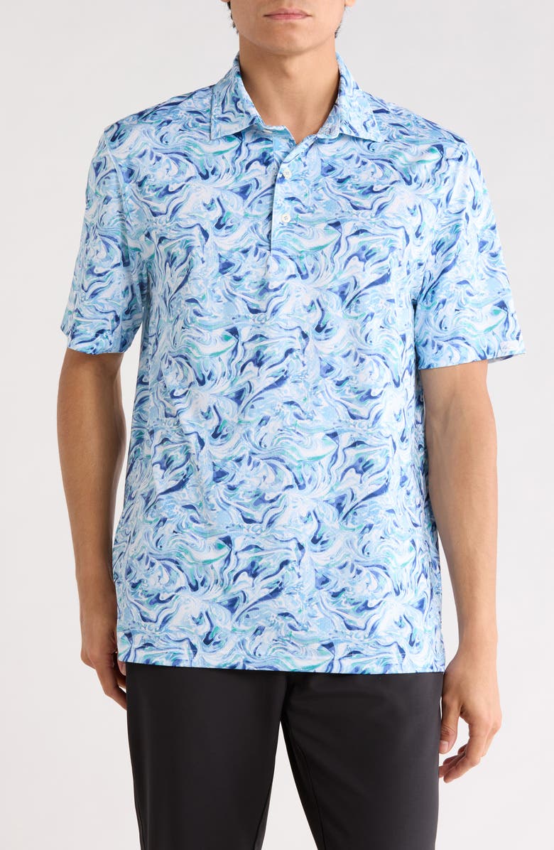 Greg Norman Ocean Marble Print Knit Polo, Main, color, Blue/ White