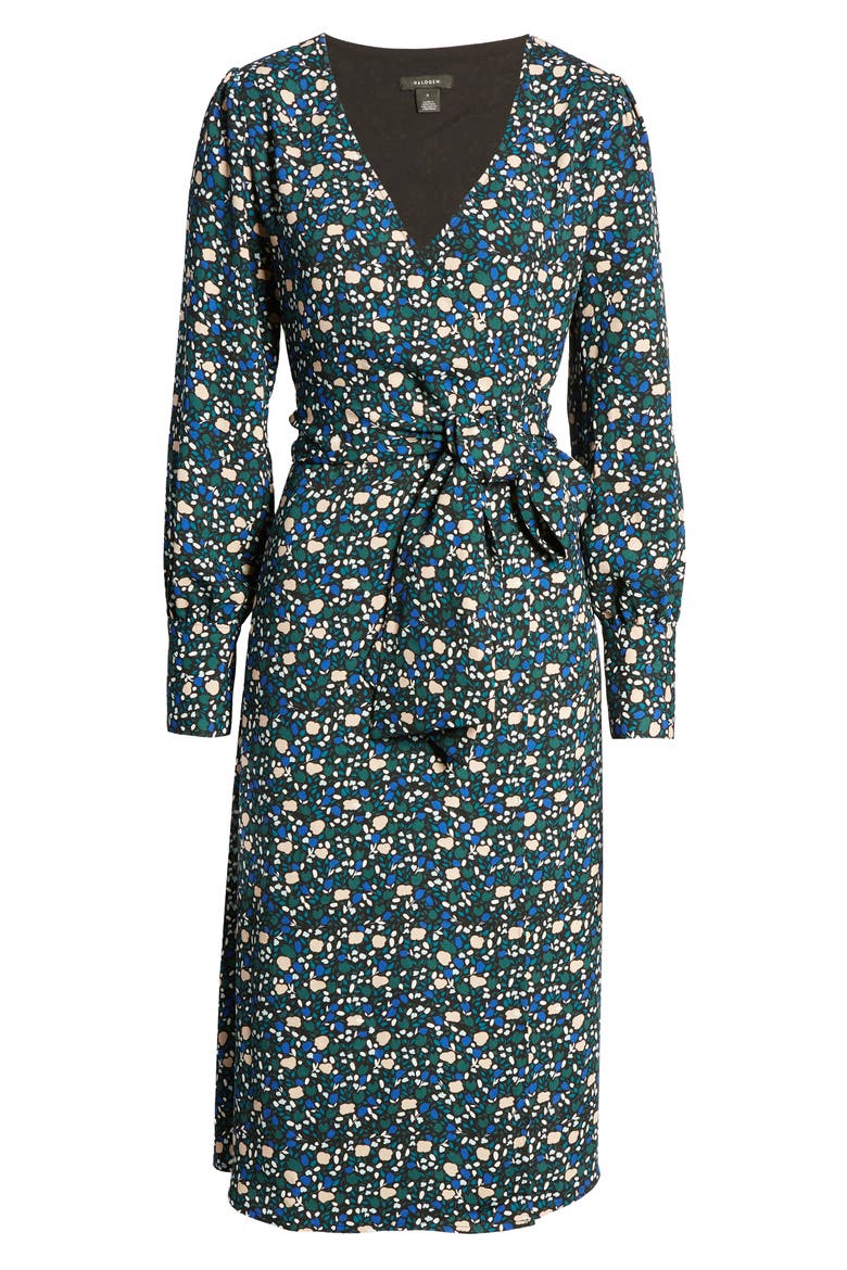 Long Sleeve Wrap Midi Dress, Alternate, color, BLACK- PINK S MALORY FLRL