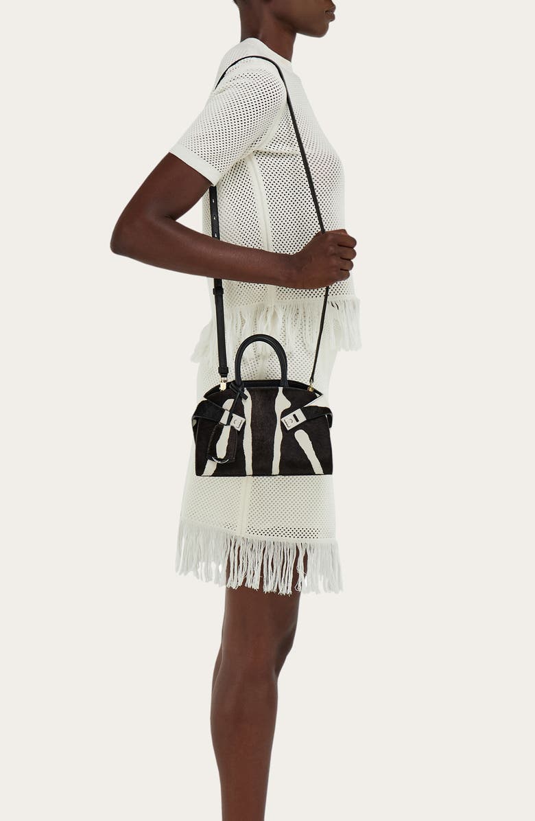 FERRAGAMO Mini Hug Genuine Calf Hair Handheld Bag, Alternate, color, Kasba Bianco/ Nero