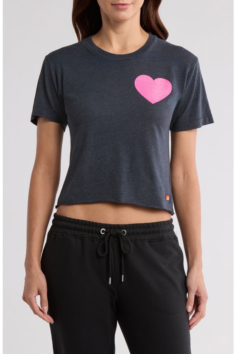Glitter Heart Crop T-Shirt, Main, color, CHARCOAL/ NEON PINK