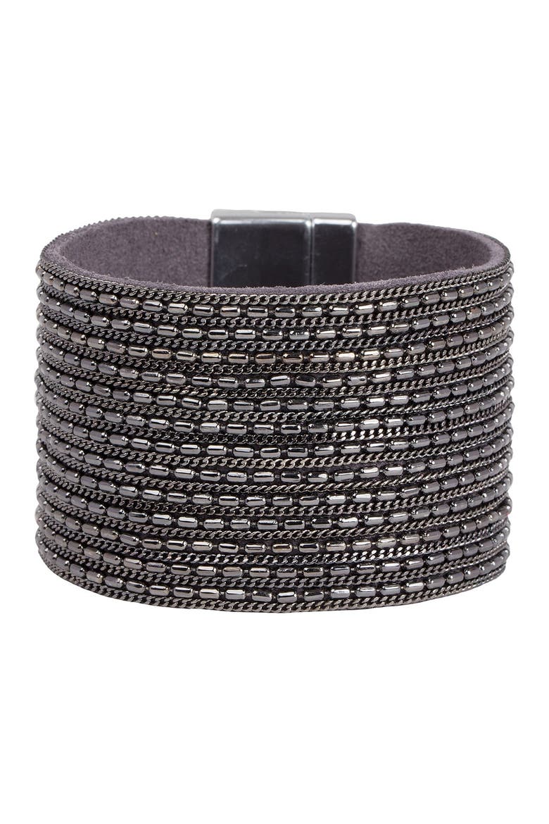 Rock 'n' Roll Chain Detailed Leather Cuff Bracelet, Main, color, BLACK
