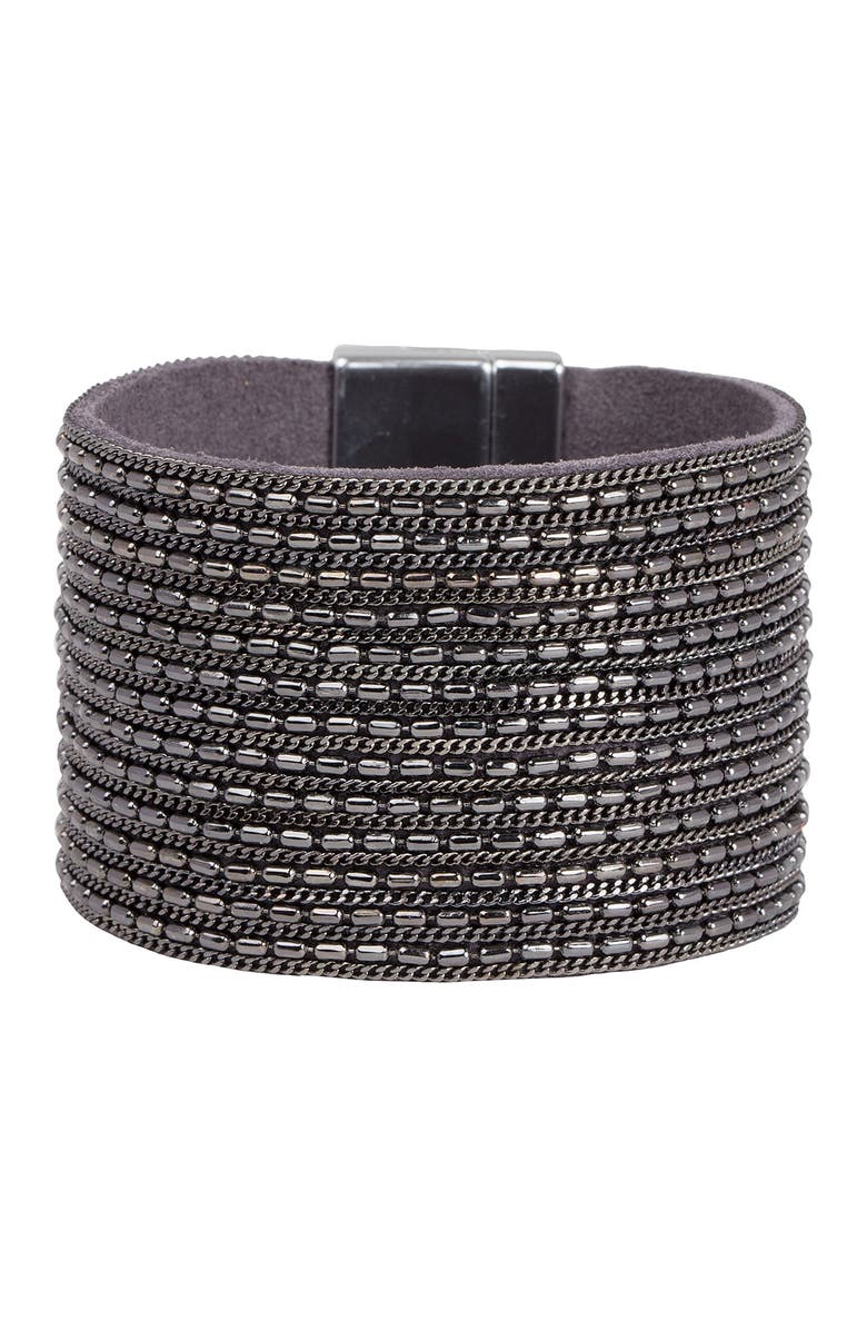 SAACHI Rock 'n' Roll Chain Detailed Leather Cuff Bracelet, Main, color, Black
