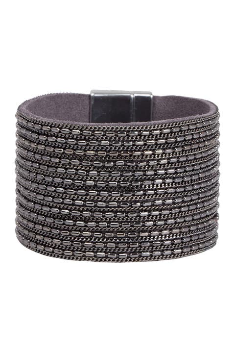 Rock 'n' Roll Chain Detailed Leather Cuff Bracelet