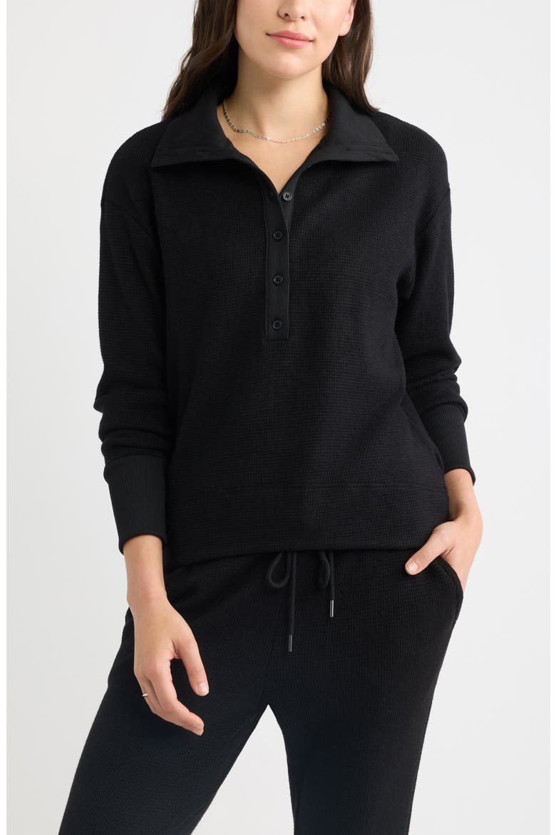 Waffle Button Front Sweatshirt, Main, color, BLACK
