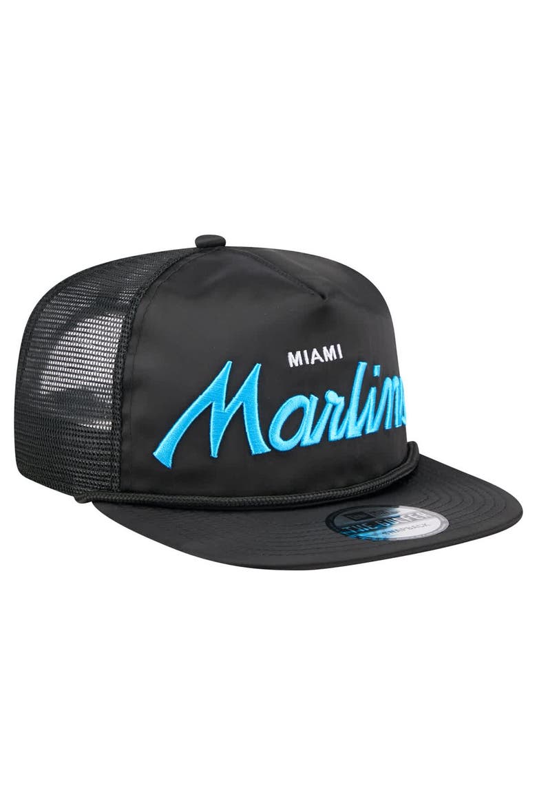 Men's New Era Black Miami Marlins Retro Satin Script Golfer Adjustable Hat, Alternate, color, Black