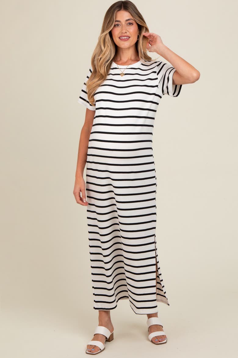Striped Side Slit Maxi Dress, Alternate, color, White