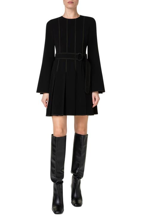 Topstitch Pleated Bell Long Sleeve Crepe Dress