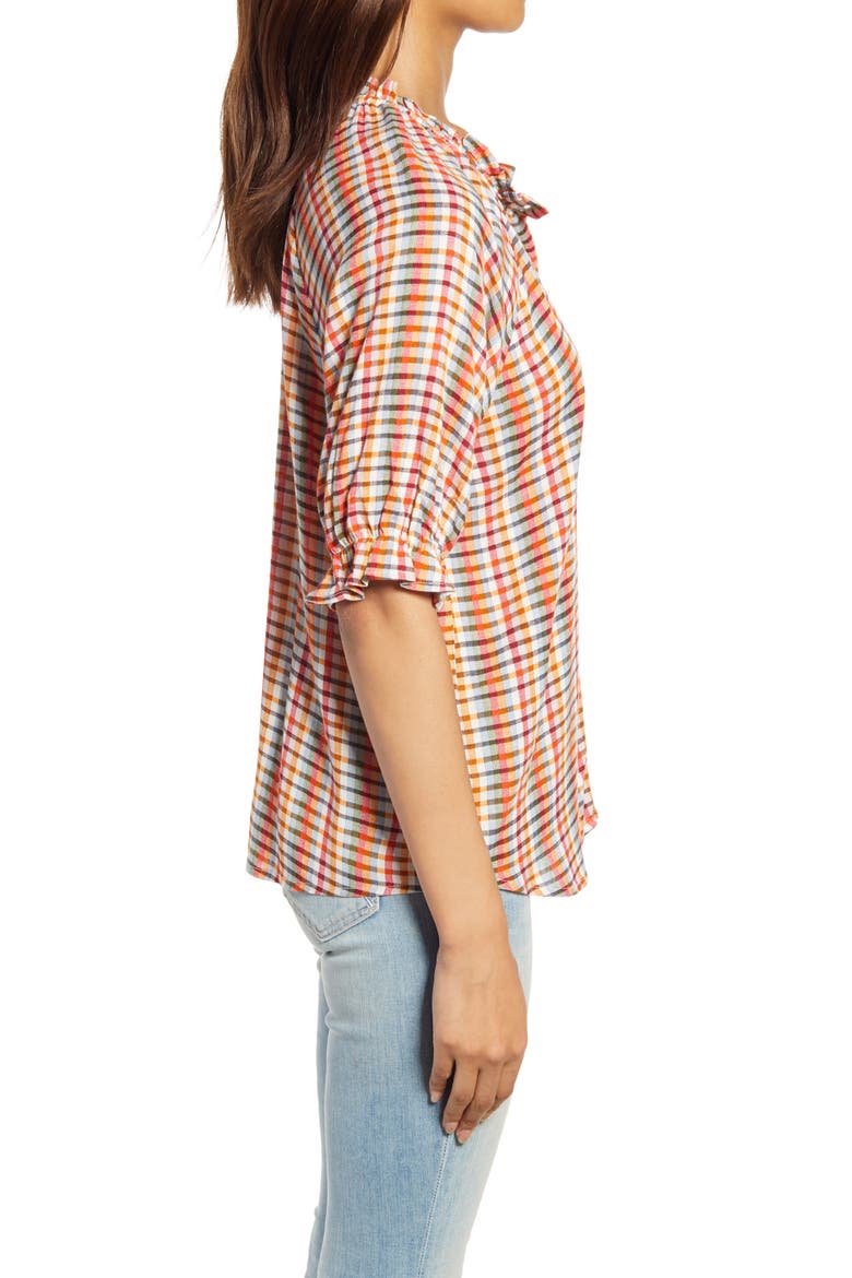 Print Button Front Blouse, Alternate, color, MULTI GINGHAM