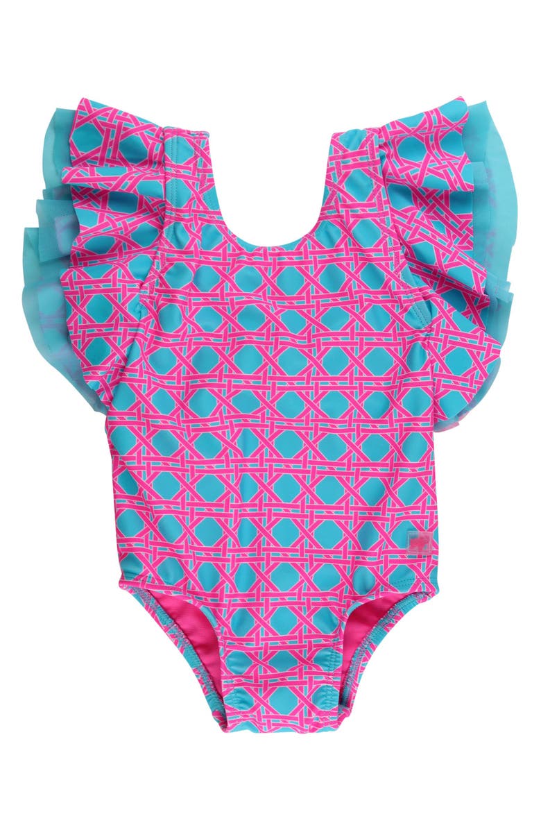 RuffleButts Baby/Toddler Girls UPF50+ Sun Protected Butterfly One Piece, Main, color, Neon Sorbet Cane