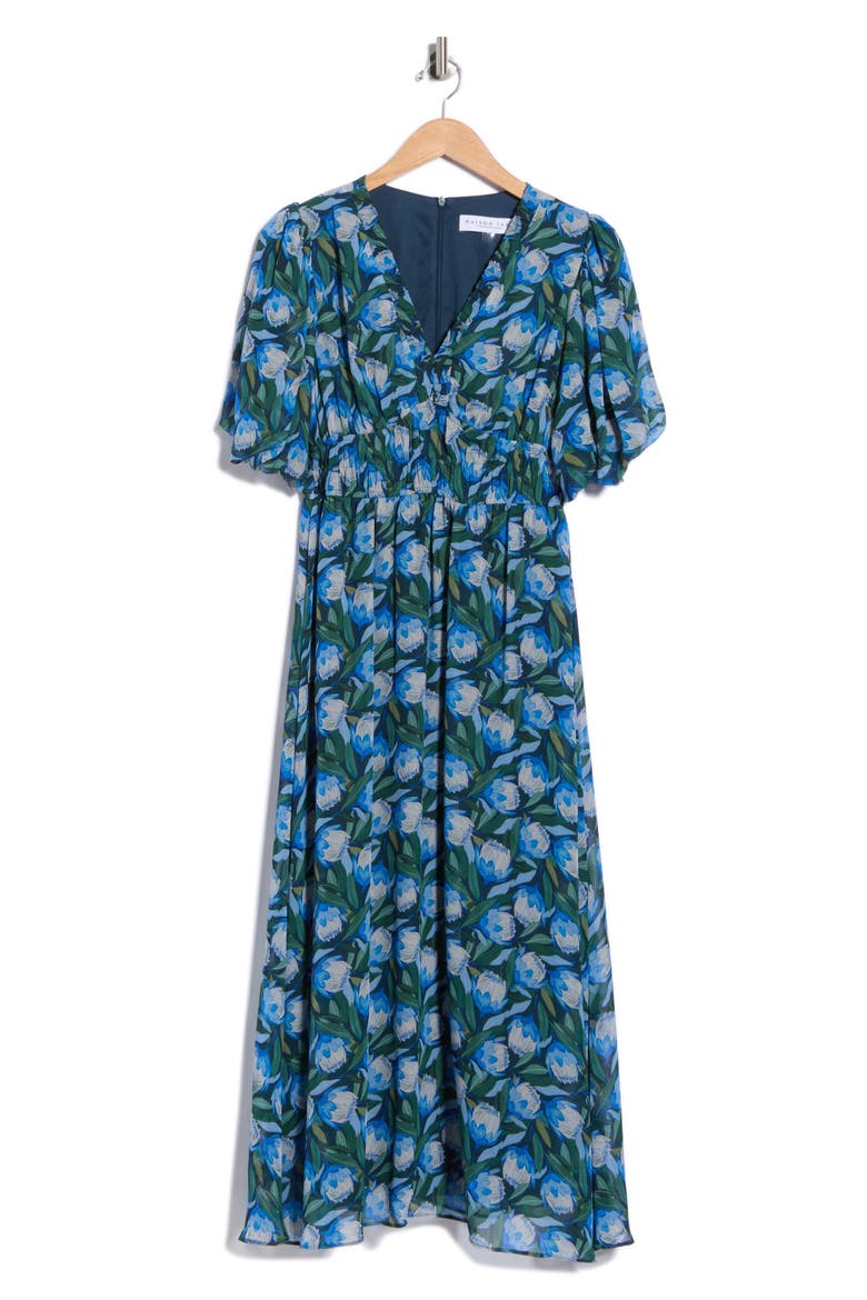 Print Chiffon Maxi Dress, Main, color, BLUE/ GREEN