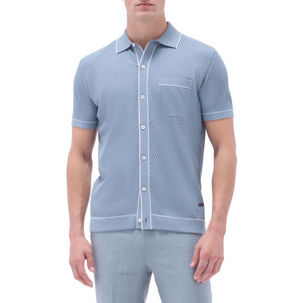Bugatchi Tipped Short Sleeve Button-up Sweater In Shark