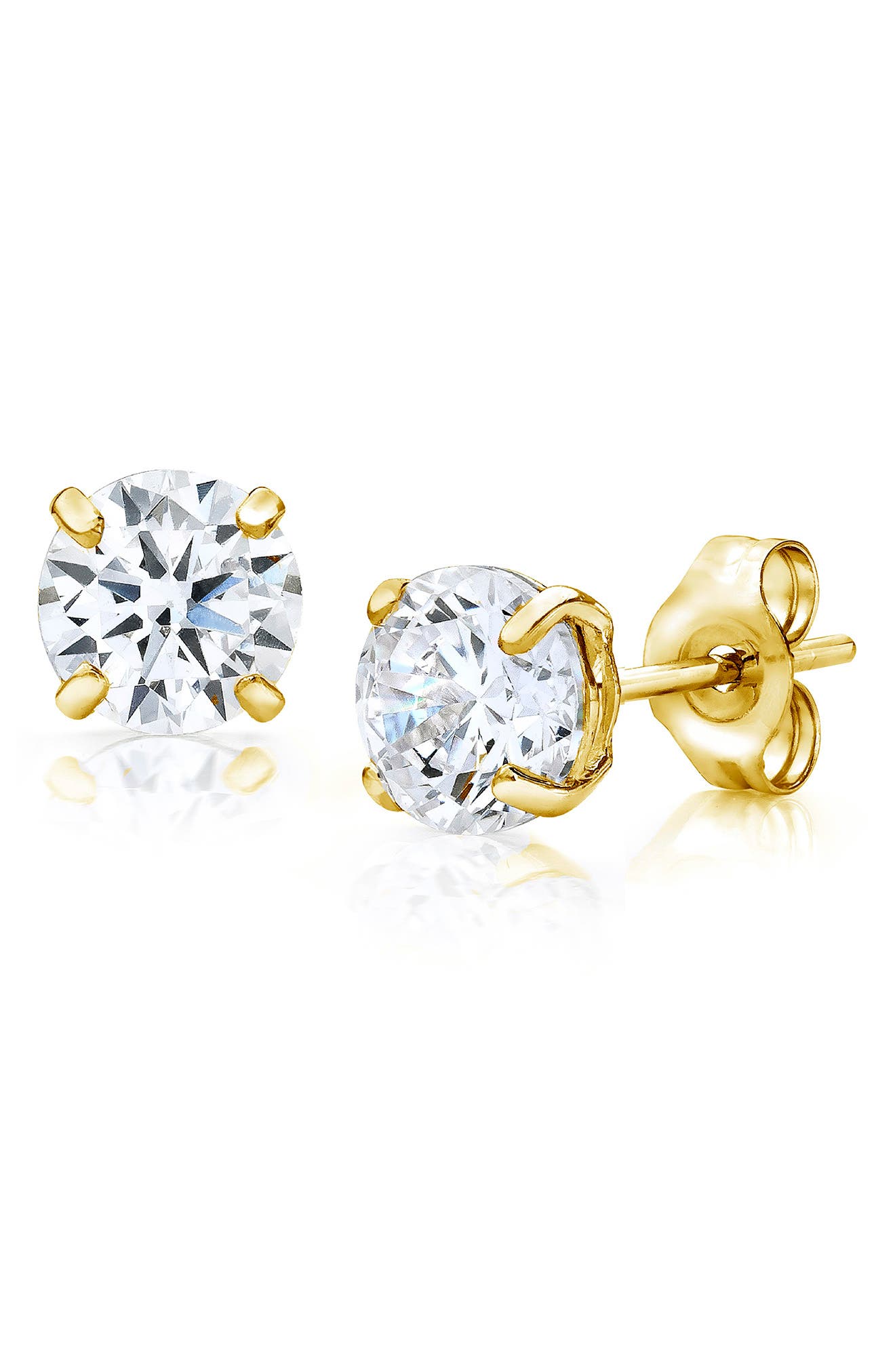 BEST SILVER 14K Yellow Gold Round CZ Stud Earrings