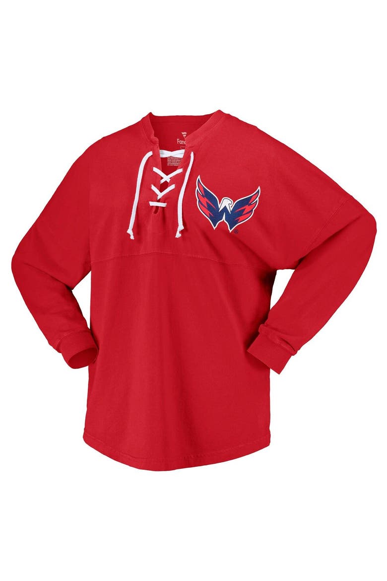 Women's Fanatics Branded Red Washington Capitals Spirit Lace-Up V-Neck Long Sleeve Jersey T-Shirt, Alternate, color, Red