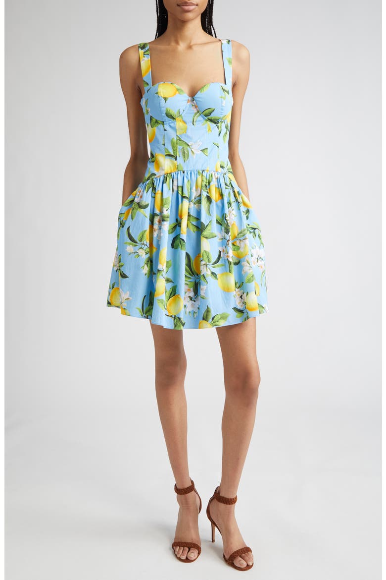 Jai Lemon Print Corset Minidress, Main, color, SKY BLUE/ YELLOW FLORAL LEMON