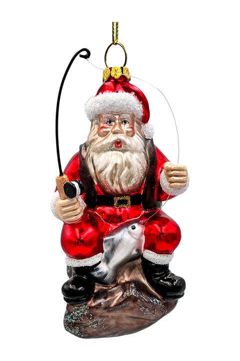Fishing Santa Claus Hand Blown Glass Ornament