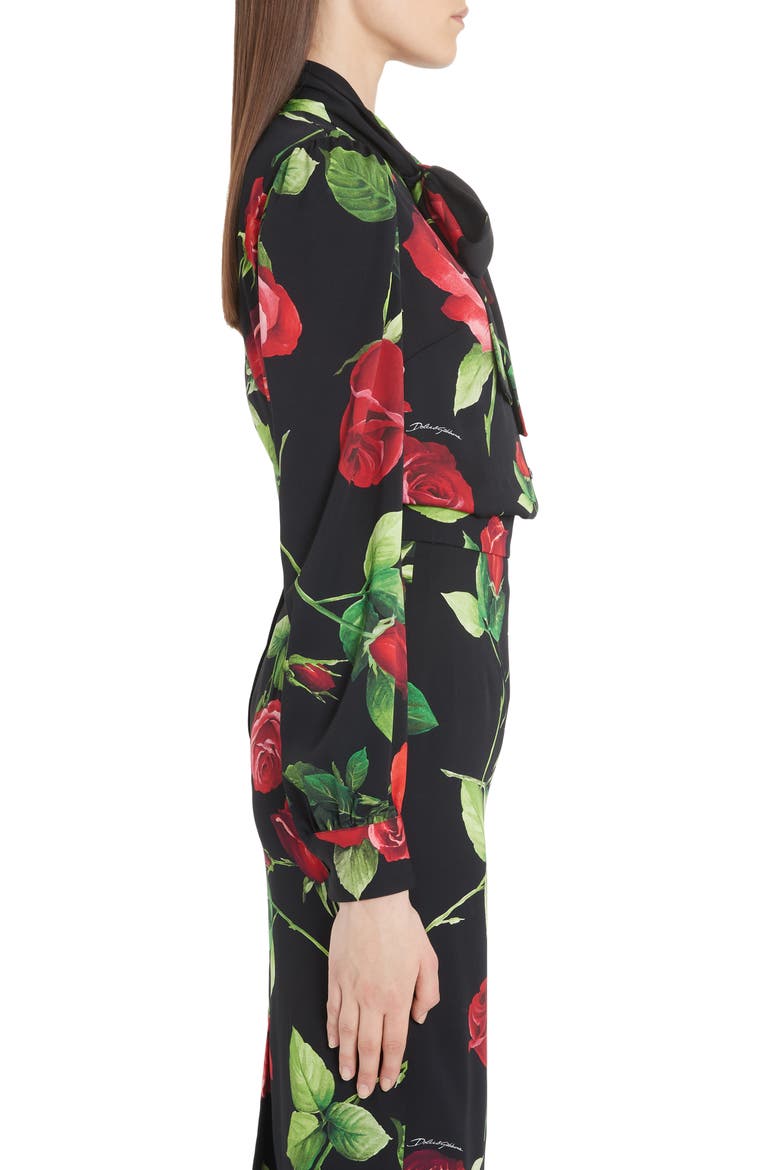 Rose Print Tie Neck Blouse, Alternate, color, ROSE BLACK
