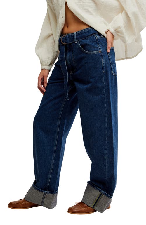 Free People East Bay Belted Cuffed High Waist Wide Leg Jeans In Blue