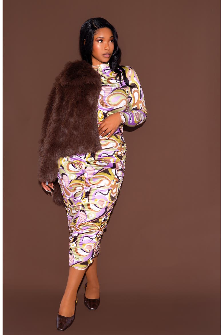 Print Ruched Long Sleeve Midi Body-Con Dress, Alternate, color, PINK MULTI