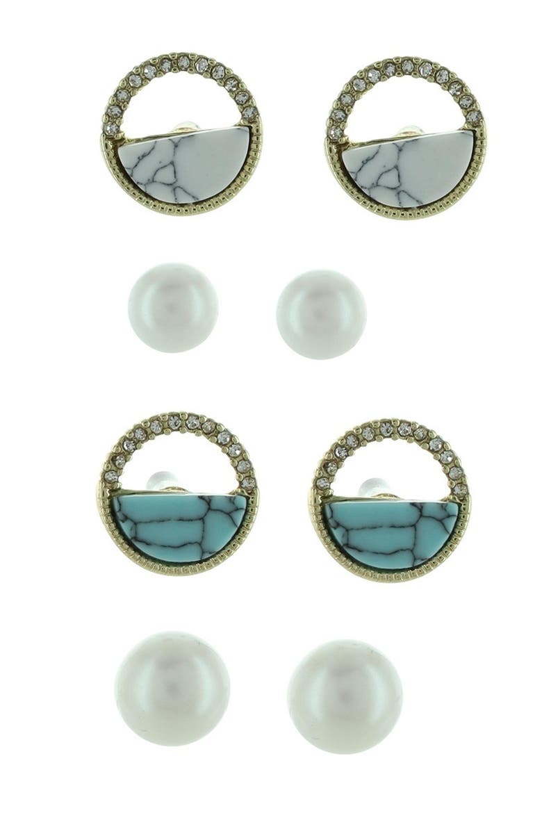 Victoria Set of 4 Marble & Imitation Pearl Earrings, Main, color, GOLD / CLEAR