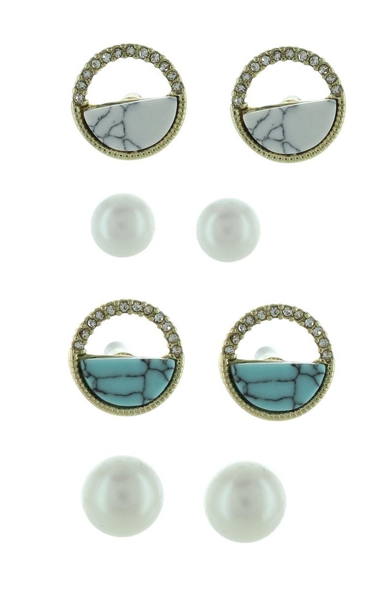 OLIVIA WELLES Victoria Set of 4 Marble & Imitation Pearl Earrings, Main, color, Gold / Clear